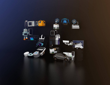 藍(lán)色背景上的智能設(shè)備。互聯(lián)網(wǎng)的東西和家庭自動(dòng)化的概念。消費(fèi)產(chǎn)品。3d 渲染圖像